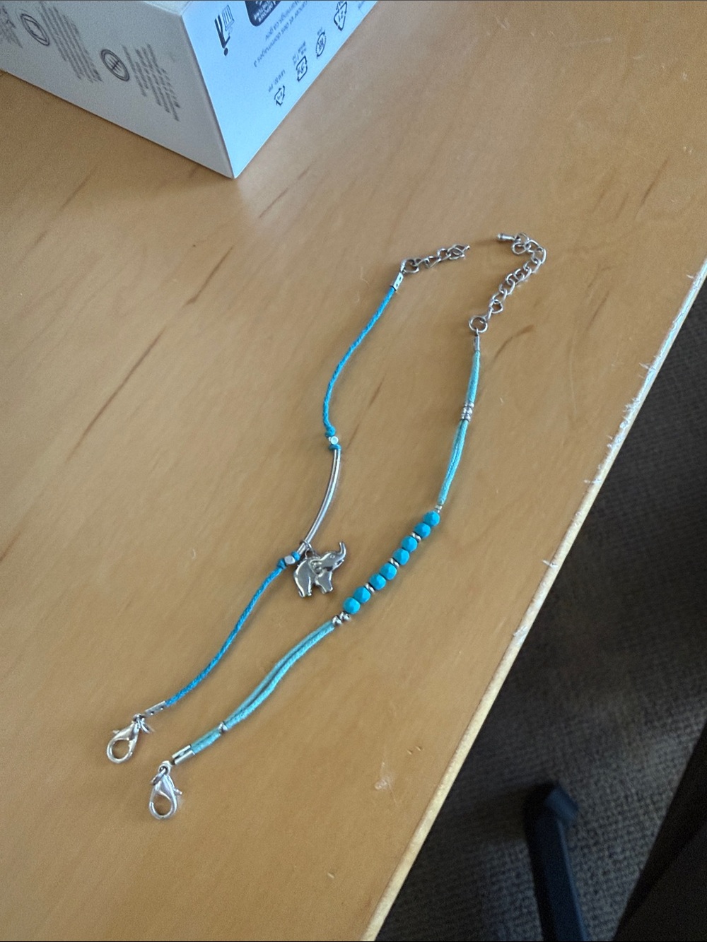 Turquoise Cord Bracelet or anklet with Silver Elephant Charm - Women Jewelry